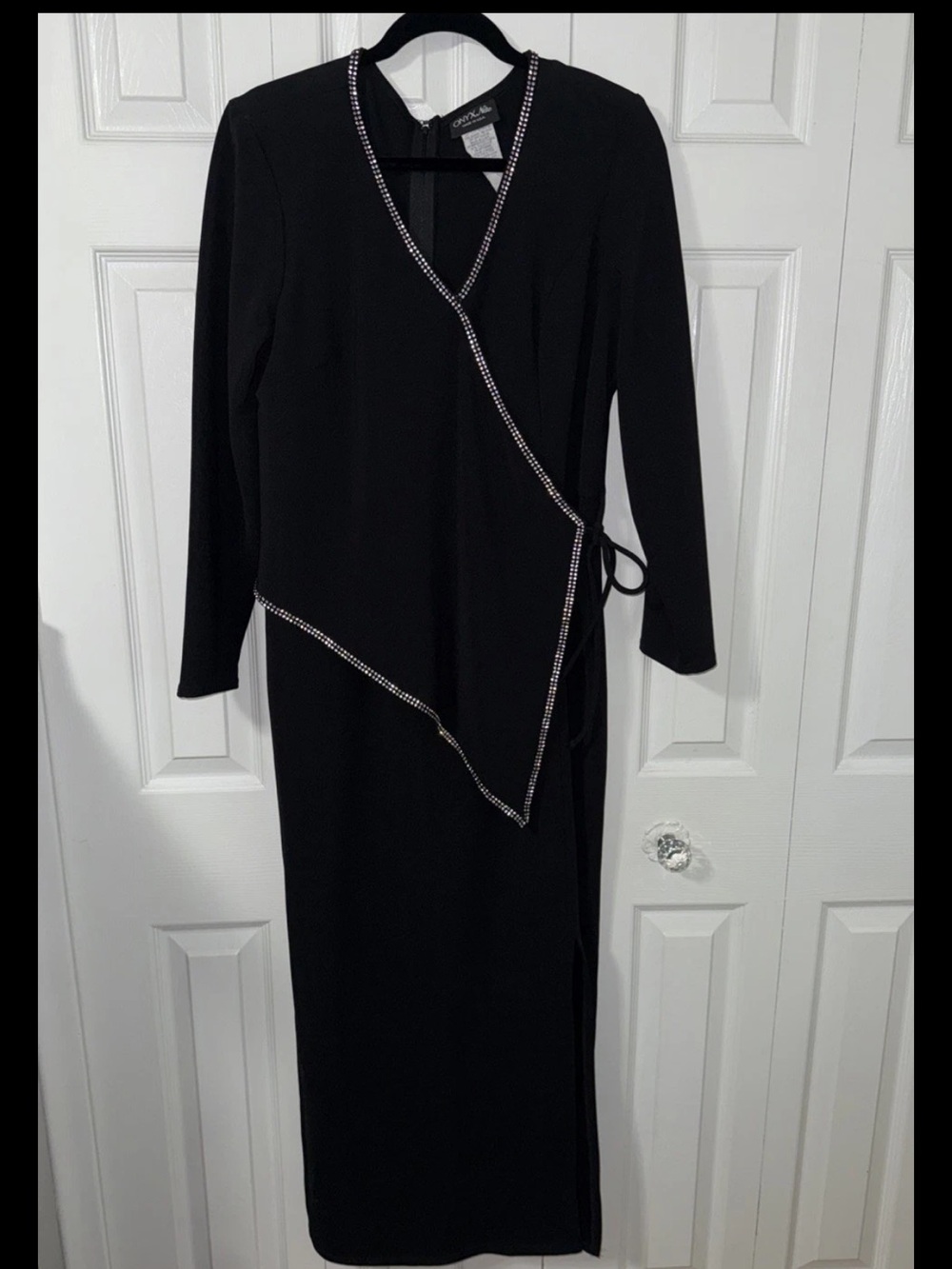 Onyx Nite Black Long Sleeve Wrap Dress with Rhinestone Trim